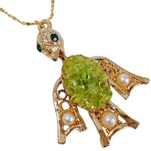 VTG Mid Century Bird Pendant Necklace Green Quartz Gold Tone Figural Animal